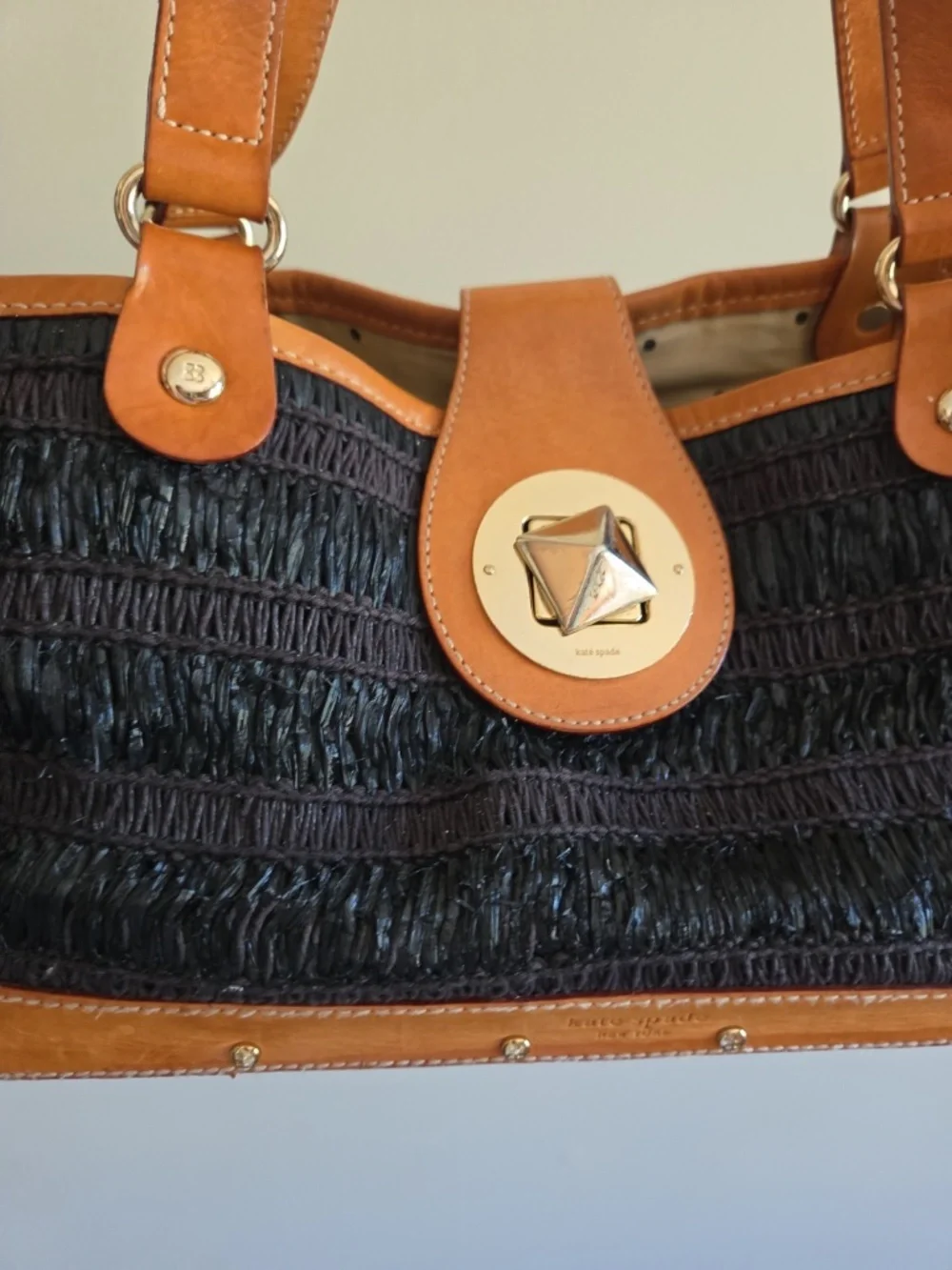 Vintage Kate Spade black straw purse handbag wooden bottom leather trim - Picture 3 of 12